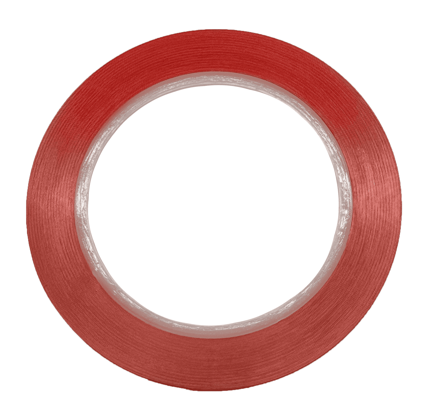 Ein rundes, rotes Klebeband mit dünnem Profil liegt flach und zeigt gleichmäßige Wicklungen auf weißem Hintergrund.