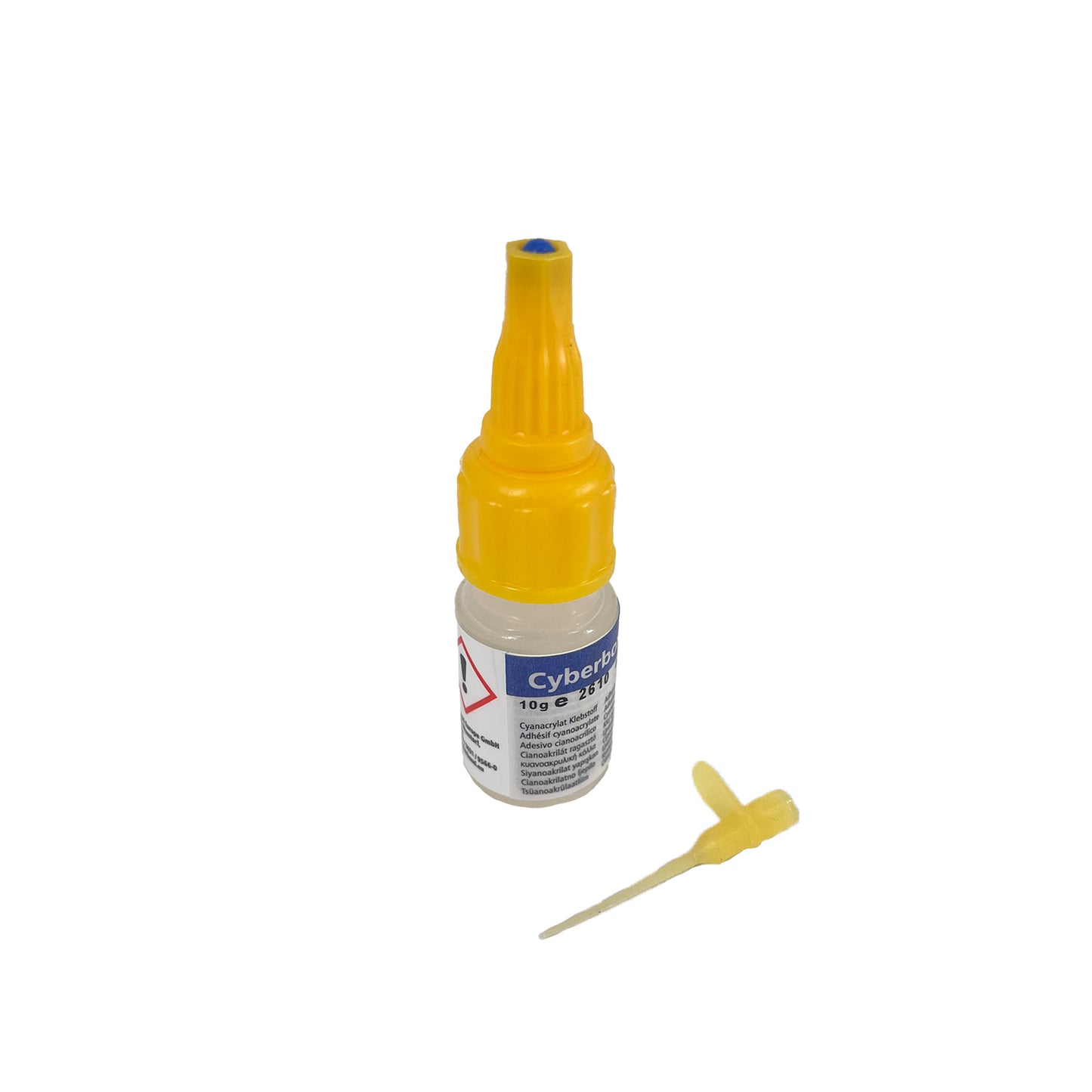 Kleine Flasche mit gelbem Deckel und feiner Spitze, daneben liegt eine gelbe Dosiernadel.
