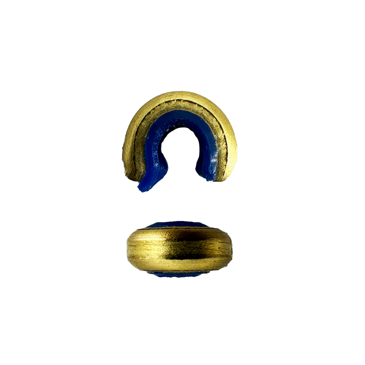 Zwei kleine, runde Objekte mit goldener und blauer Farbgebung, jeweils halbkreisförmig geöffnet und von oben abgebildet.