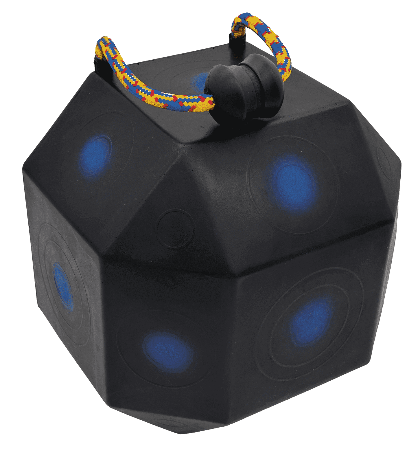 Schwarzer 3D-Würfel mit mehreren blauen Kreisen auf den Flächen gelber bunter Tragegriff aus Seil und Kunststoffverschluss