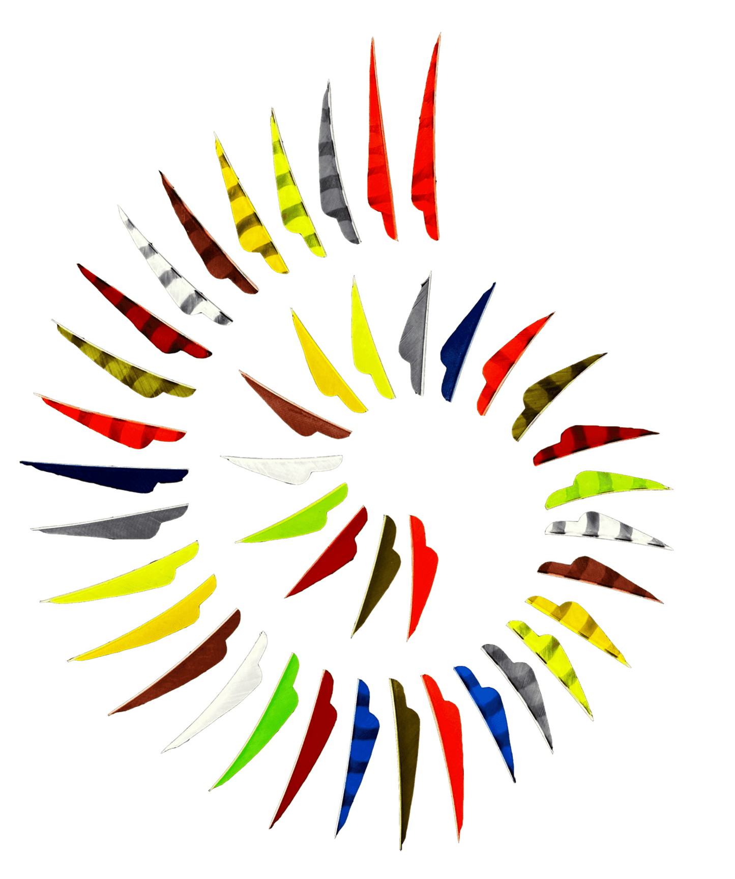 Viele verschiedenfarbige, schmale, gebogene Federn in Spiralform angeordnet, Muster in Rot, Gelb, Blau, Grau, Schwarz, Weiß.