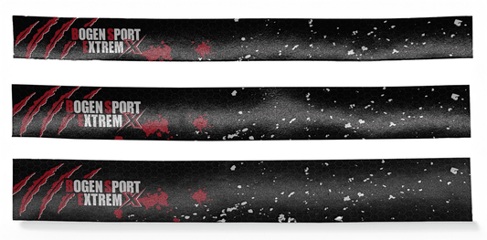 Drei länglich gebogene, schwarze Aufkleber, Design mit roten Kratzspuren, weißen Sprenkeln und Bogen Sport Extrem X Schriftzug