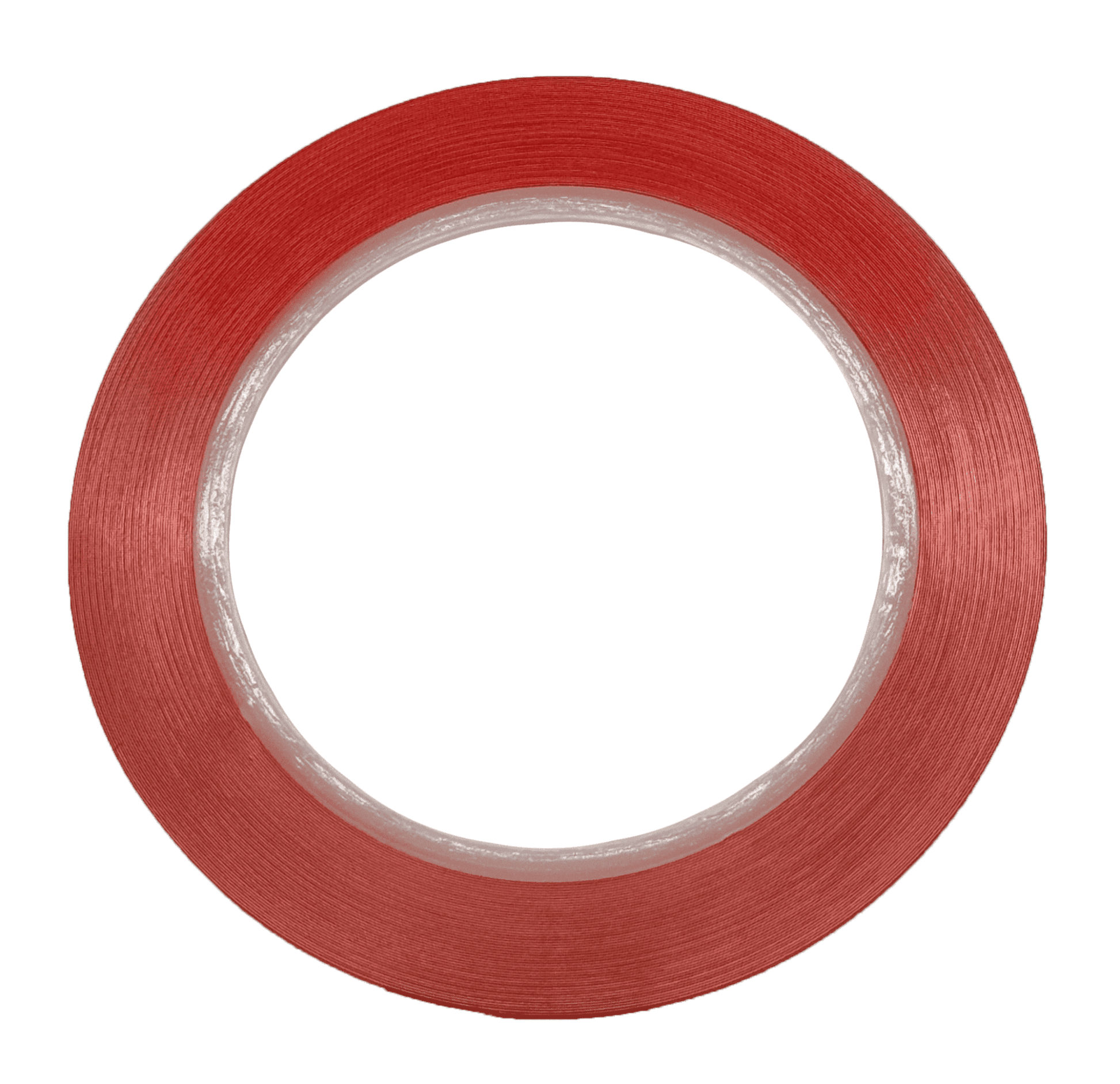 Ein rundes, rotes Klebeband mit dünnem Profil liegt flach und zeigt gleichmäßige Wicklungen auf weißem Hintergrund.