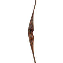 Es ist ein traditioneller Holzbogen mit ergonomisch geformtem Mittelstück, dunkler Maserung und leicht geschwungenen Wurfarmen.