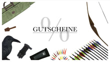 Bodnik Bows Shop Geschenkgutschein Motiv mit Bogen, Pfeilen, grünem Bogentasche, Schießhandschuh, Krähenattrappe, Zubehör