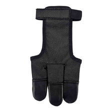 Schwarzer Schießhandschuh mit gepolsterten Fingerspitzen, drei Finger, gröberes Gewebe, Klettverschluss am Handgelenk