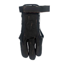 Ein schwarzer Handschuh aus Leder mit sichtbaren Nähten, drei Fingern, Klettverschluss am Handgelenk und Bodnik Bows Logo.