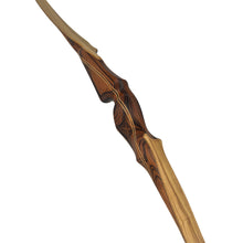 Gebogener Holzbogen mit auffälligem, mehrfarbigem Laminatgriff aus hellen und dunklen Holzschichten, rundes ergonomisches Design.
