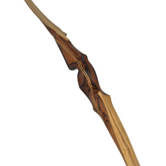 Gebogener Holzbogen mit auffälligem, mehrfarbigem Laminatgriff aus hellen und dunklen Holzschichten, rundes ergonomisches Design.