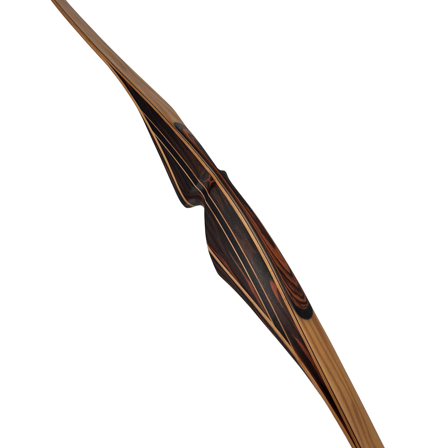 Ein traditioneller Bogen mit geschwungenem Holzkörper, dunklen und hellen Maserungen, ergonomisch geformter Griffbereich.