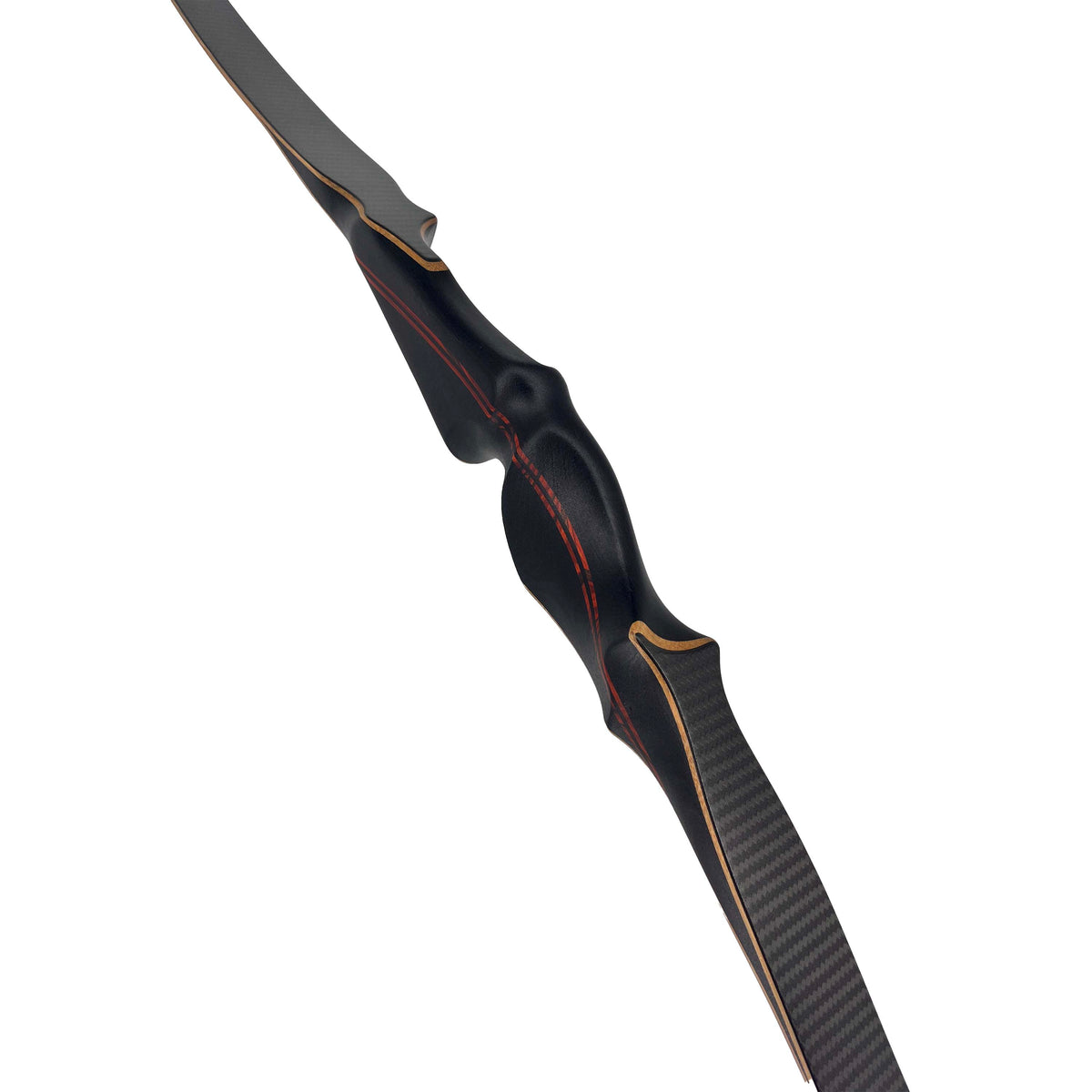 Ein eleganter Recurvebogen mit schwarzem Griffstück, roten Zierlinien und Wurfarmen mit Carbon-Optik und Holzdekor.