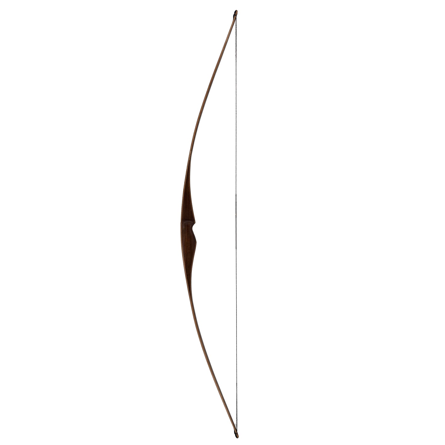 Ein schlanker, elegant gebogener Bogen mit dunklem Holzgriff und heller Sehne.