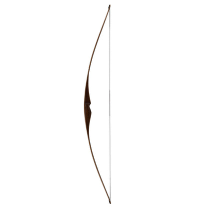 Ein schlanker, elegant gebogener Bogen mit dunklem Holzgriff und heller Sehne.