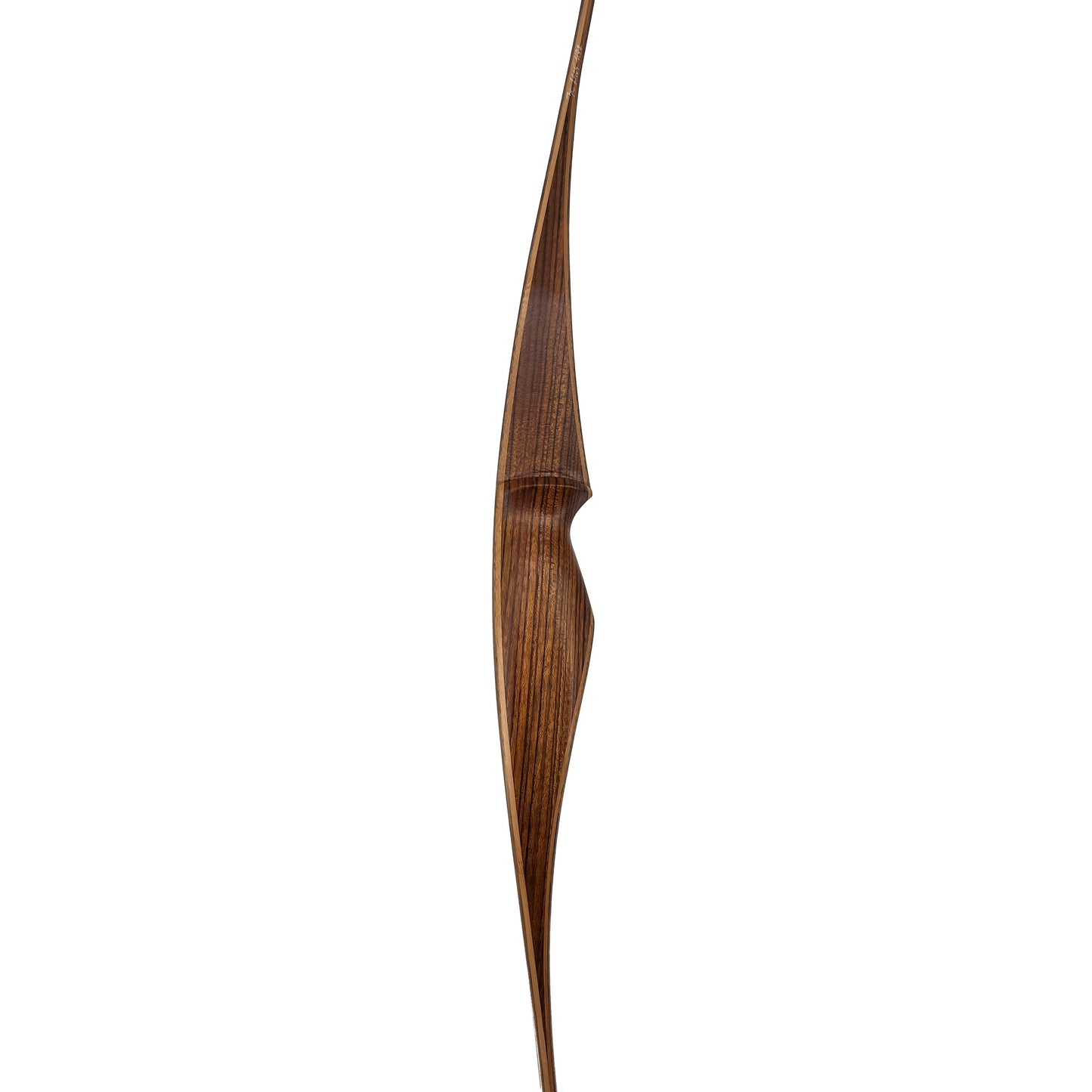 Langer, schlanker Holzbogen mit elegantem Schwung, natürliche Holzmaserung, ergonomisch geformter Griff in der Mitte
