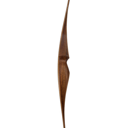 Langer, schlanker Holzbogen mit elegantem Schwung, natürliche Holzmaserung, ergonomisch geformter Griff in der Mitte