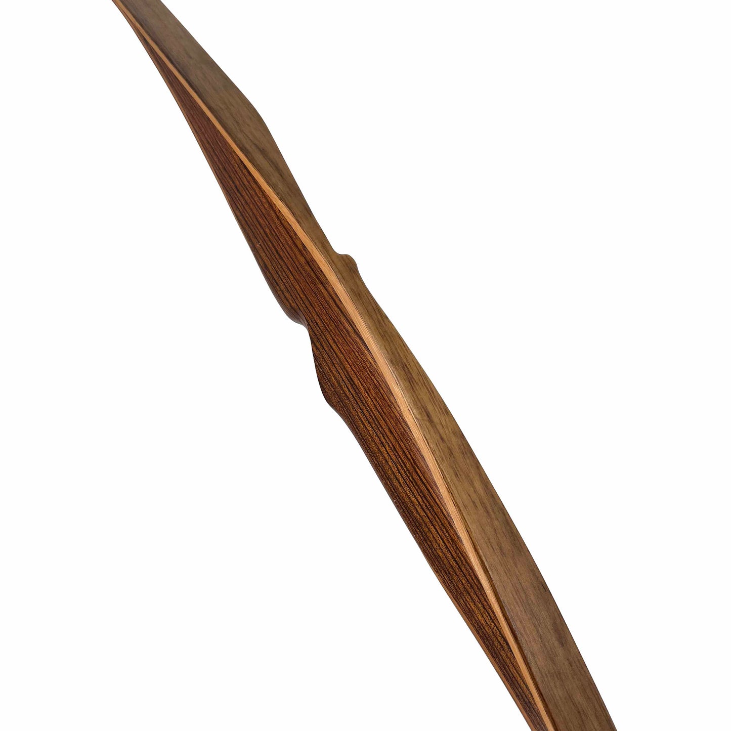 Ein Stück traditioneller Langbogen aus Holz mit geschwungenem, ergonomisch geformtem Mittelteil und gut sichtbarer Maserung.