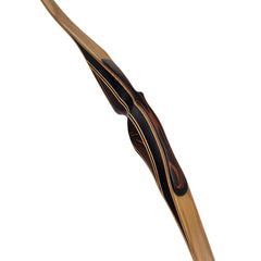 Bogenstück aus Holz mit dunklen und hellen Schichten, ergonomisch geformter Griff, glatte Oberfläche, modernes Design