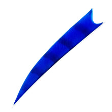 Eine lange, gebogene blaue Klinge mit gezahnter Rückseite. Oberfläche glatter, glänzender Kunststoff oder Metall.