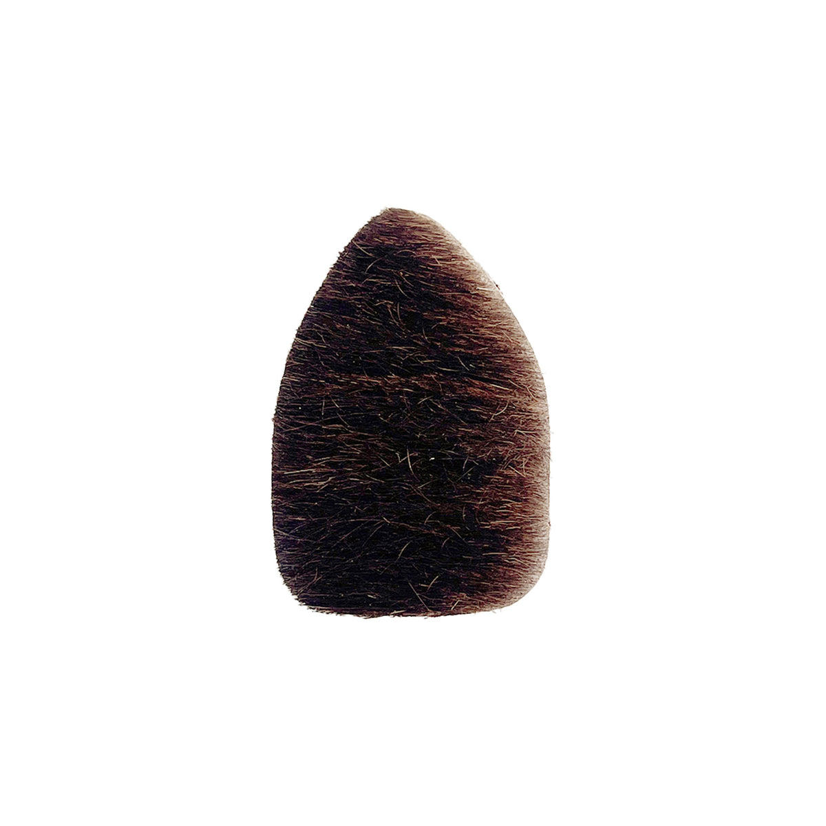 Ein einzelnes, spitz zulaufendes, braunes Objekt mit dichter, feiner Haarstruktur, leicht asymmetrische Form, Vorderansicht.