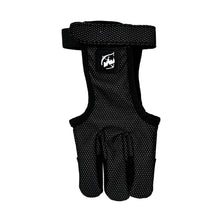 Schießhandschuh BLACK mit drei Fingern, gepolstertem Material, verstellbarem Klettverschluss und weißem Logo vorn