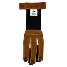 Brauner Schießhandschuh FINGERTIP mit drei Fingerkuppen aus Leder, schwarzes elastisches Band, Klettverschluss, Logo ARCHER'S EMPIRE