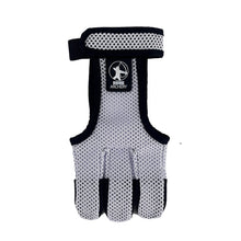 Ein weißer Schießhandschuh mit schwarzem Rand und drei Fingerabdeckungen, aus atmungsaktivem Mesh-Material, Klettverschluss am Handgelenk, Logo BONIK ARCHERY auf schwarzem Etikett.