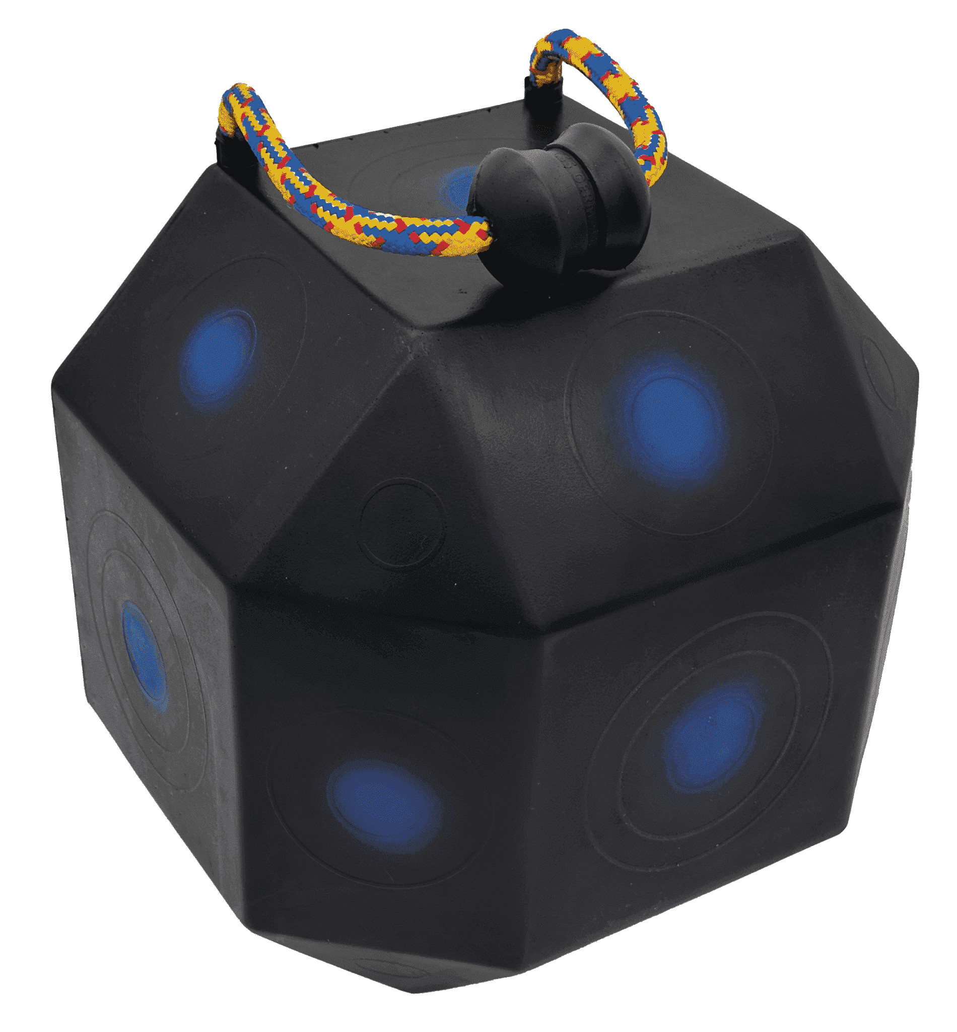 Schwarzer 3D-Würfel mit mehreren blauen Kreisen auf den Flächen gelber bunter Tragegriff aus Seil und Kunststoffverschluss