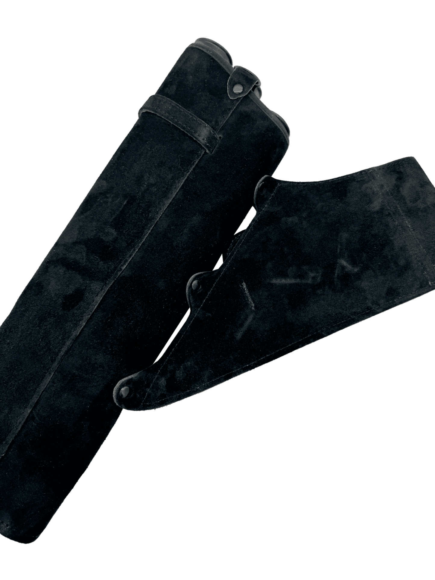 Schwarzer Seitenköcher aus Wildleder mit Gürtelschlaufe und abgerundetem Deckel, geeignet für das Tragen von Pfeilen.