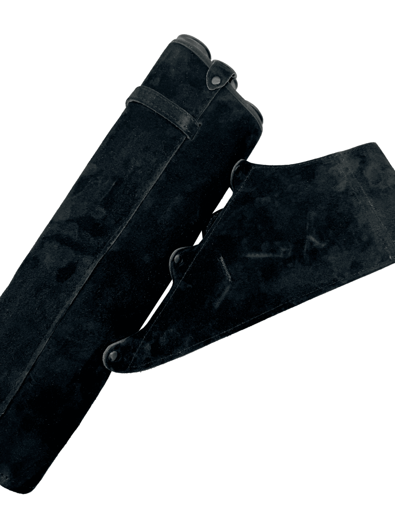 Schwarzer Seitenköcher aus Wildleder mit Gürtelschlaufe und abgerundetem Deckel, geeignet für das Tragen von Pfeilen.