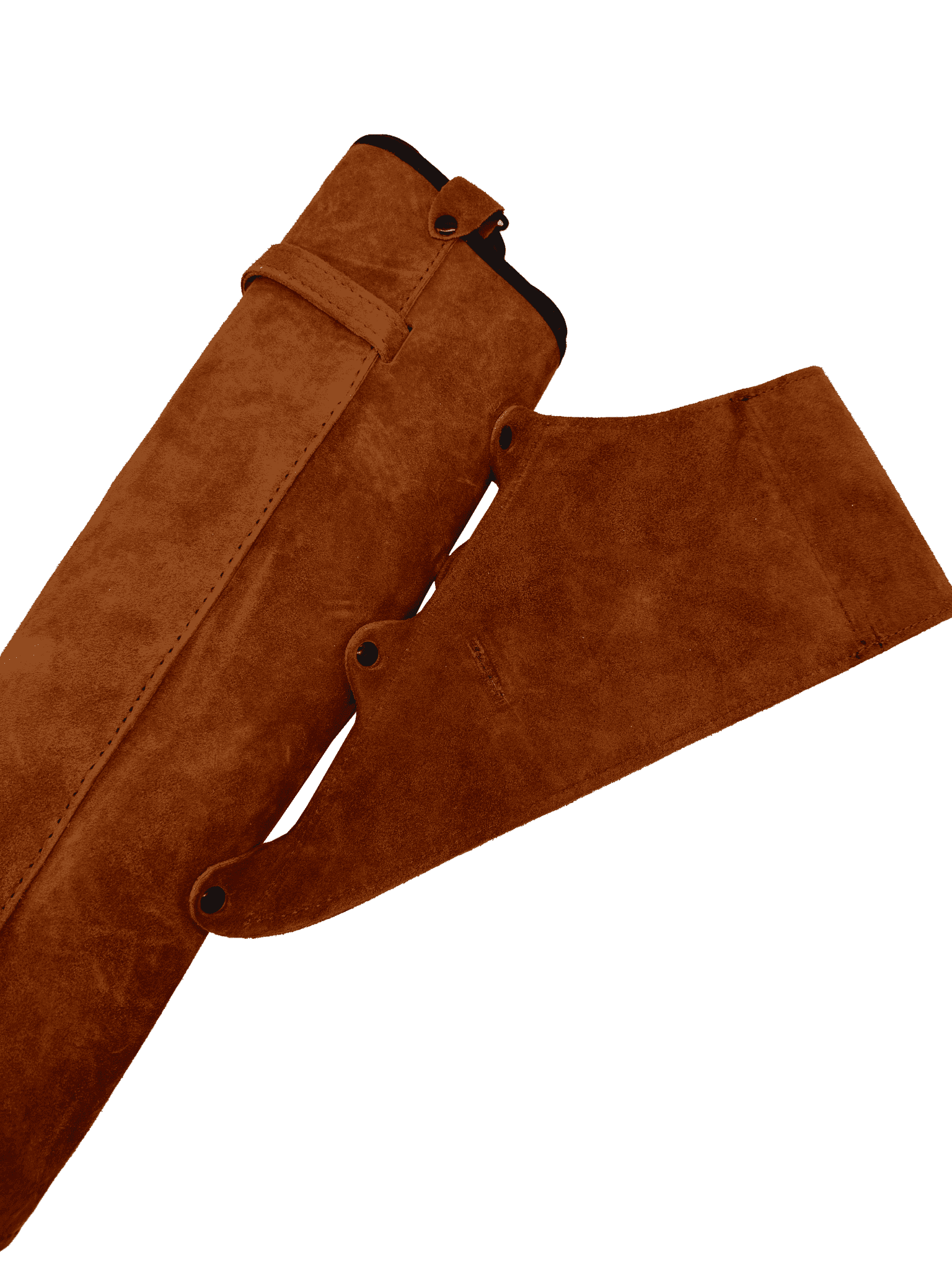 Brauner Seitenköcher aus Wildleder mit abnehmbarer Lasche, mehreren Ösen zur Befestigung und sichtbaren Nähten, robust verarbeitet.