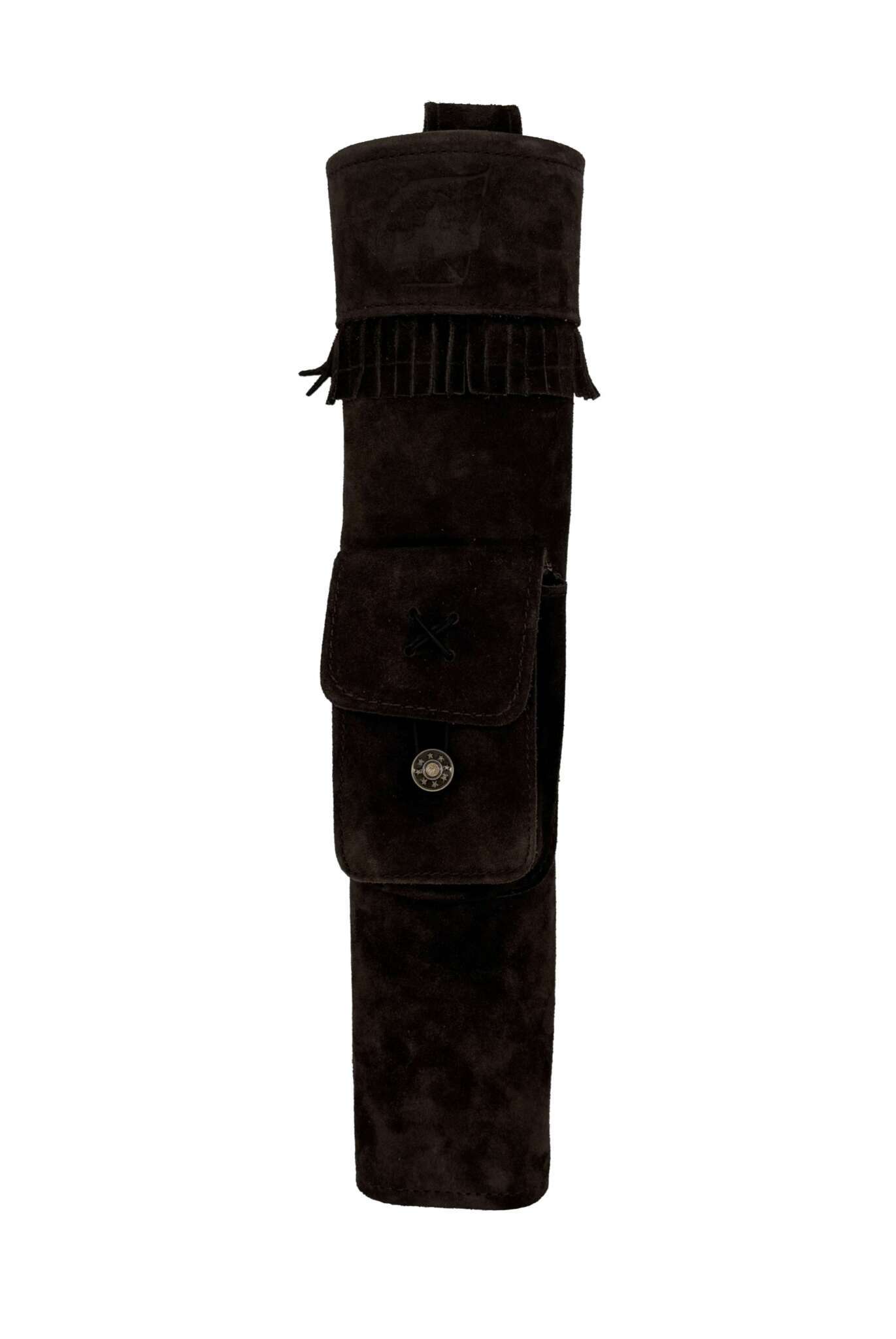 Archer´s Empire Rückenköcher LITTLE MOUNTAIN Wildleder schwarz mit Fransen und großer Fronttasche mit Knopfverschluss
