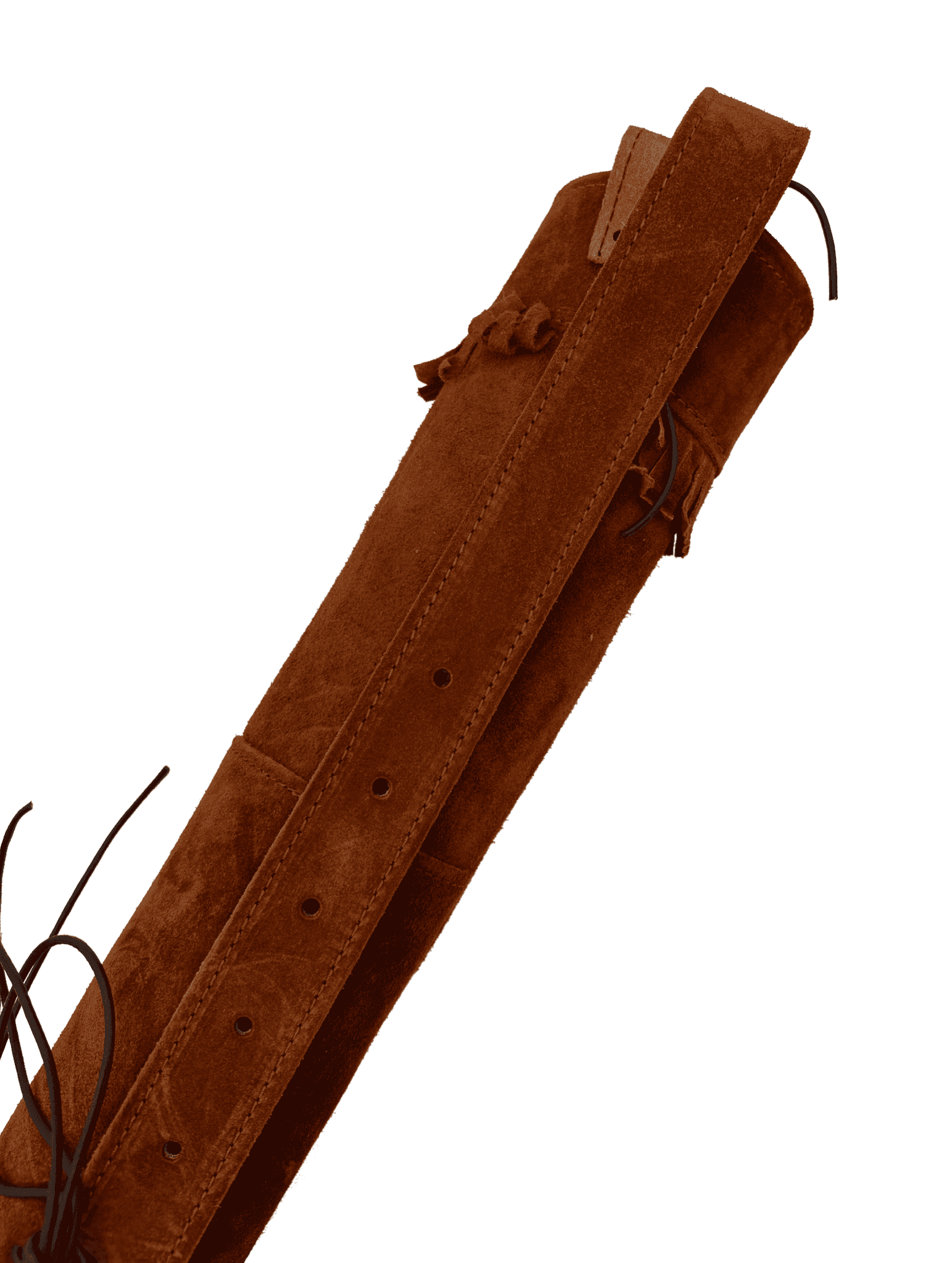 Brauner Rückenköcher aus Wildleder mit angenähtem, verstellbarem Riemen und Lederbändern, längliche zylindrische Form