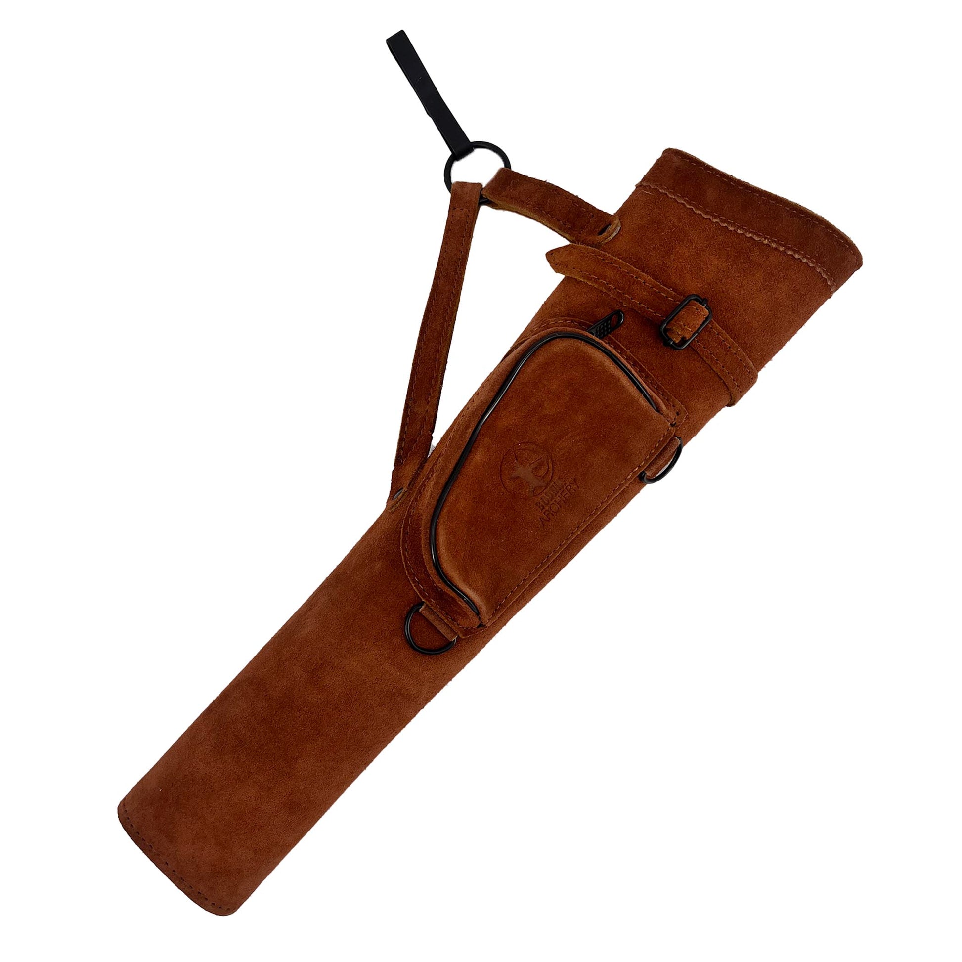 Bodnik Archery SCOUT Seitenköcher aus Wildleder in Schwarz – Gesamtansicht mit Fach und Riemen