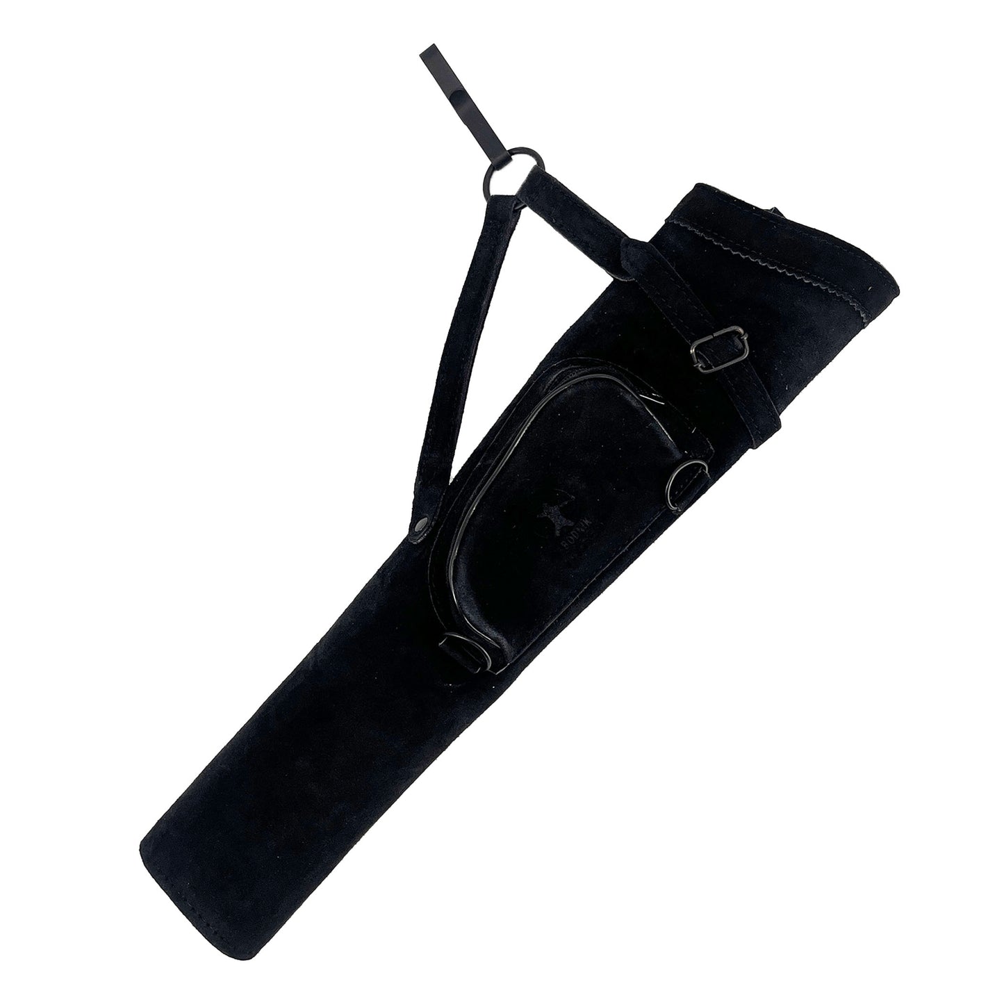 Bodnik Archery SCOUT Seitenköcher aus Wildleder in Schwarz – Gesamtansicht mit Fach und Riemen