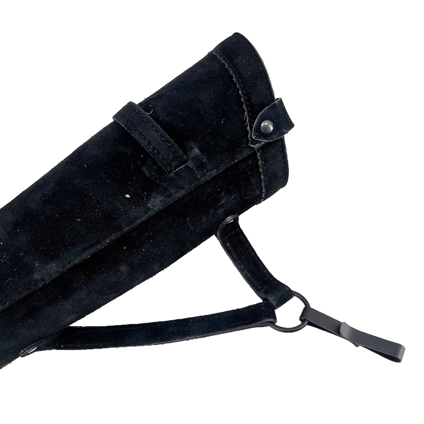 Bodnik SCOUT Wildleder-Seitenköcher Schwarz – Detail Riemen/O-Ring mit Clip