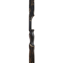 Bodnik Bows Custom Hunter Mittelteil in dunklem Holz, ergonomischer Pistolengriff, helle Zierlinien, schlanke klassische Form