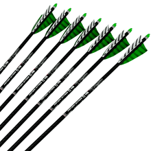 Sechs Carbonpfeile Custom Pfeil Partizan Extreme mit schwarzen Schäften, grün-weißen Naturfedern und grünen Nocken
