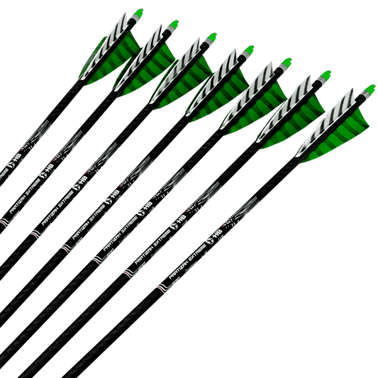 Sechs Carbonpfeile Custom Pfeil Partizan Extreme mit schwarzen Schäften, grün-weißen Naturfedern und grünen Nocken