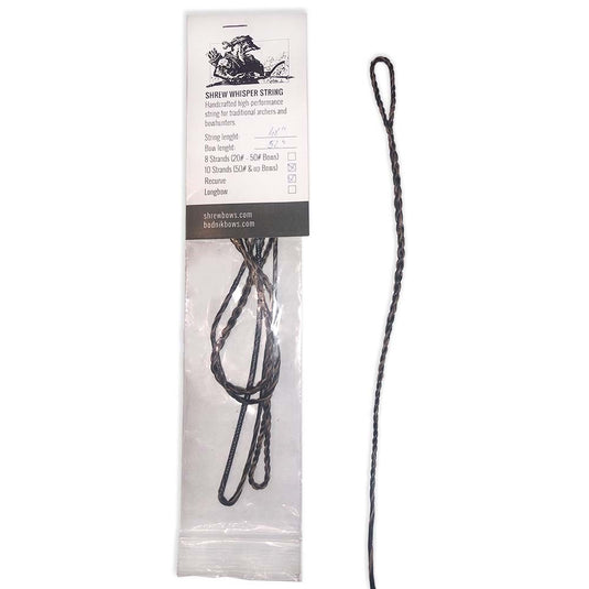 Shrew Bows Whisper String Recurve Sehne schwarz geflochten mit Schlaufe, einmal lose, einmal verpackt in transparenter Tüte